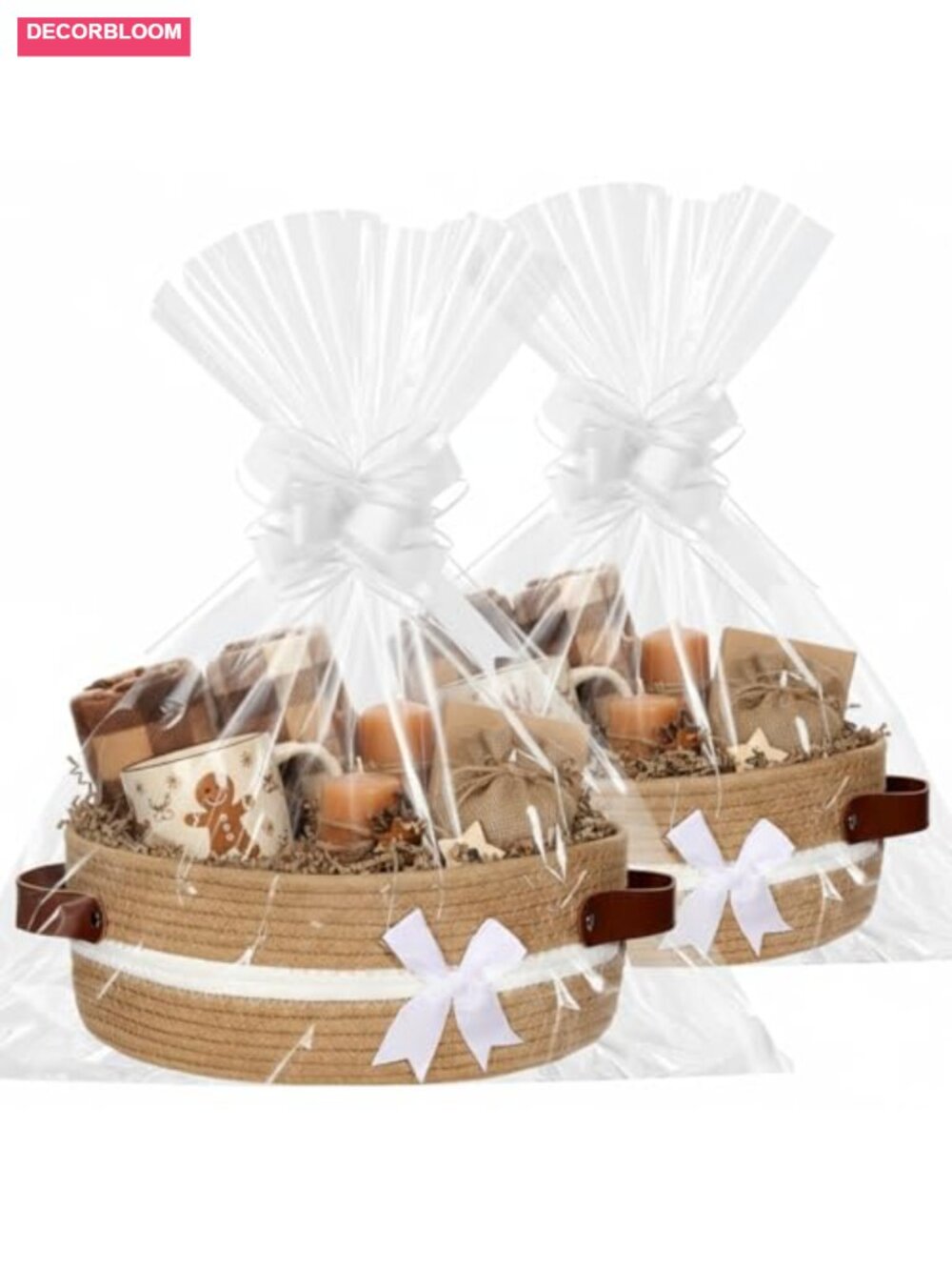 2 Pack Small Woven Gift Baskets with Handles, Cotton Rope, Gift Bags & Ribbons